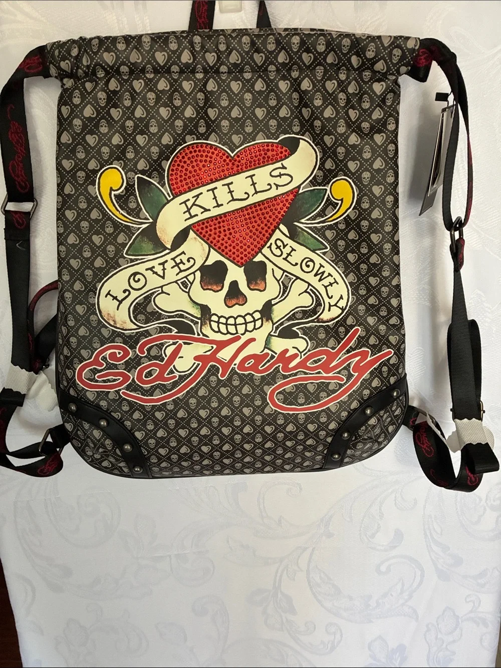 Ed Hardy Black Graphic Heart & Skull Drawstring Backpack with Red Script
